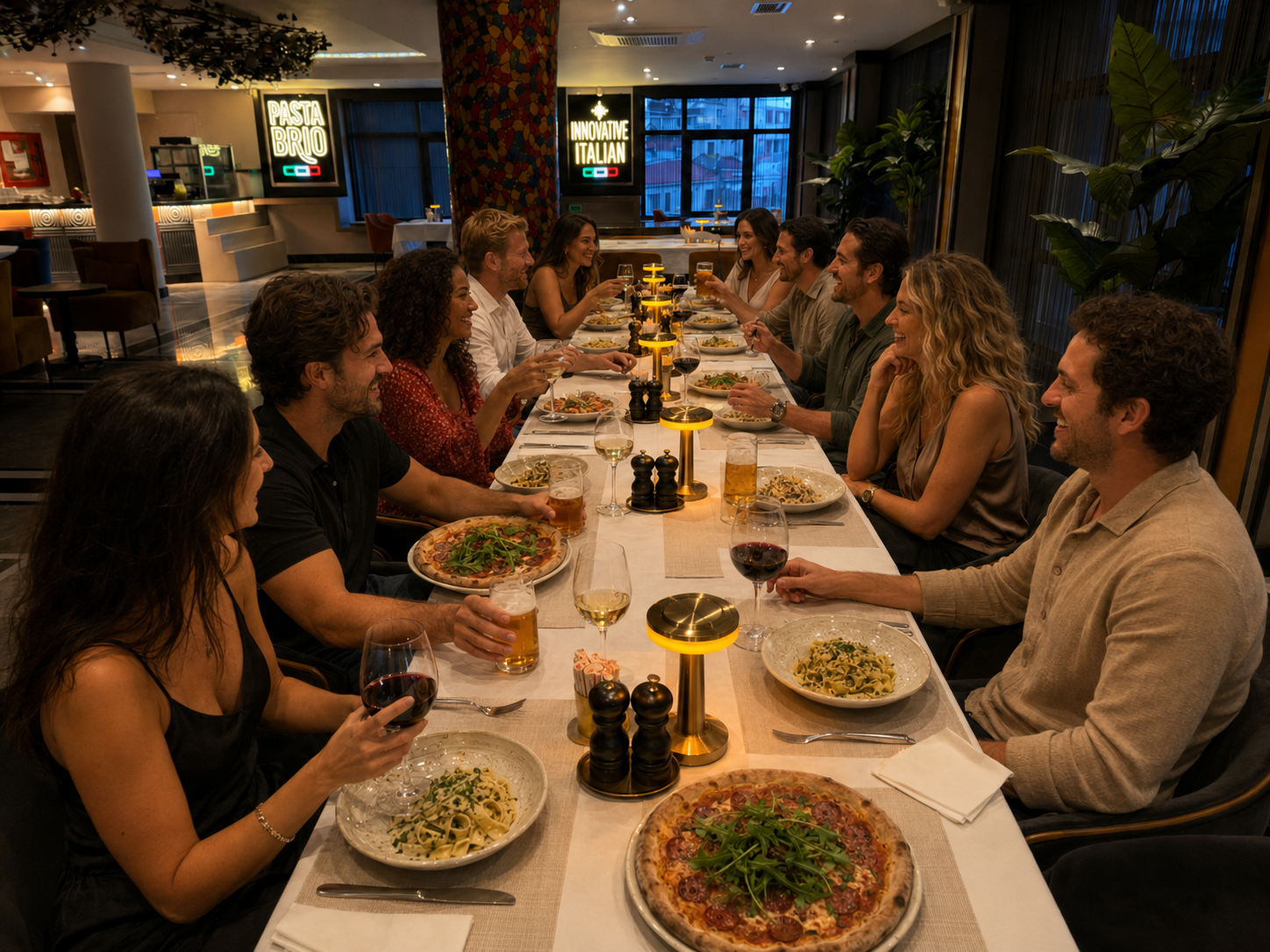 Pastabrio salonunda uzun bir masa etrafında birlikte yemek yiyen konuklar
